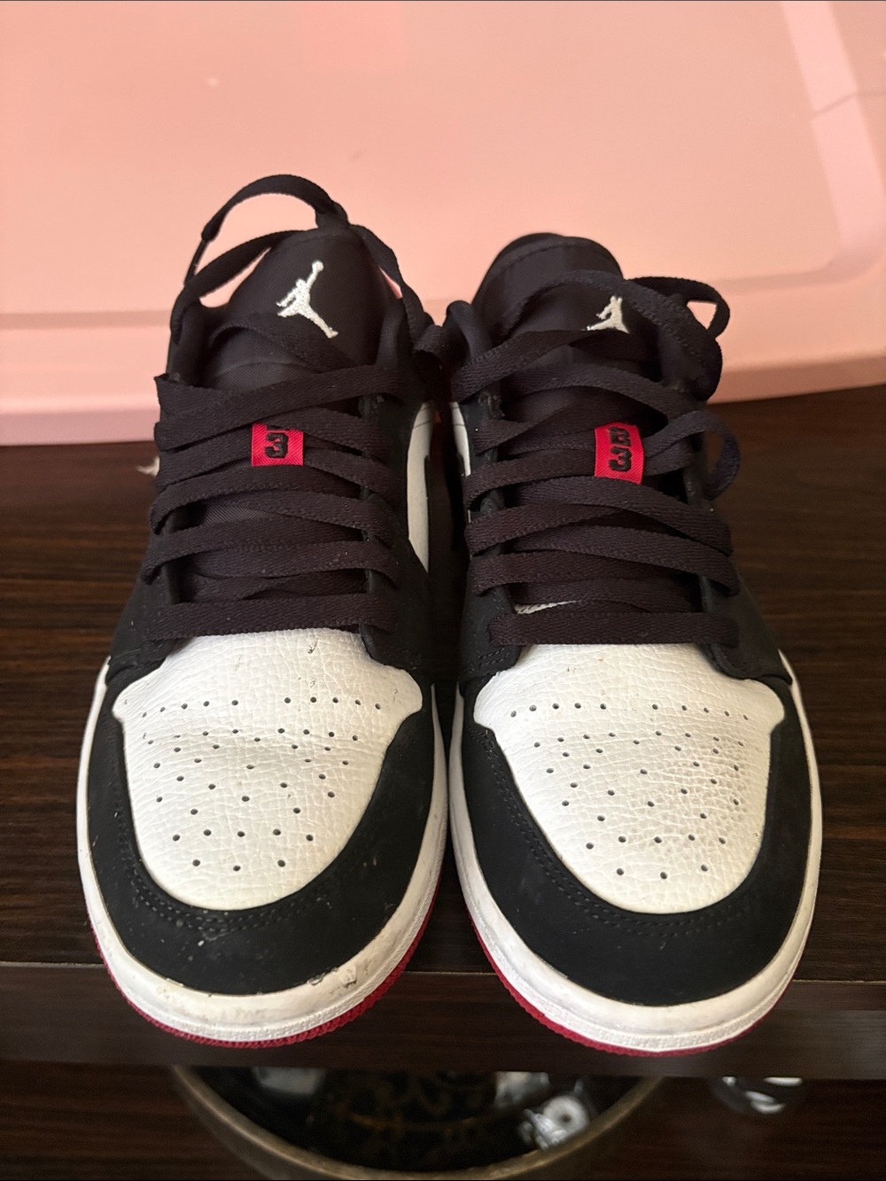 Men’s Jordan Low-Top Sneakers in Black, White & Red Accent